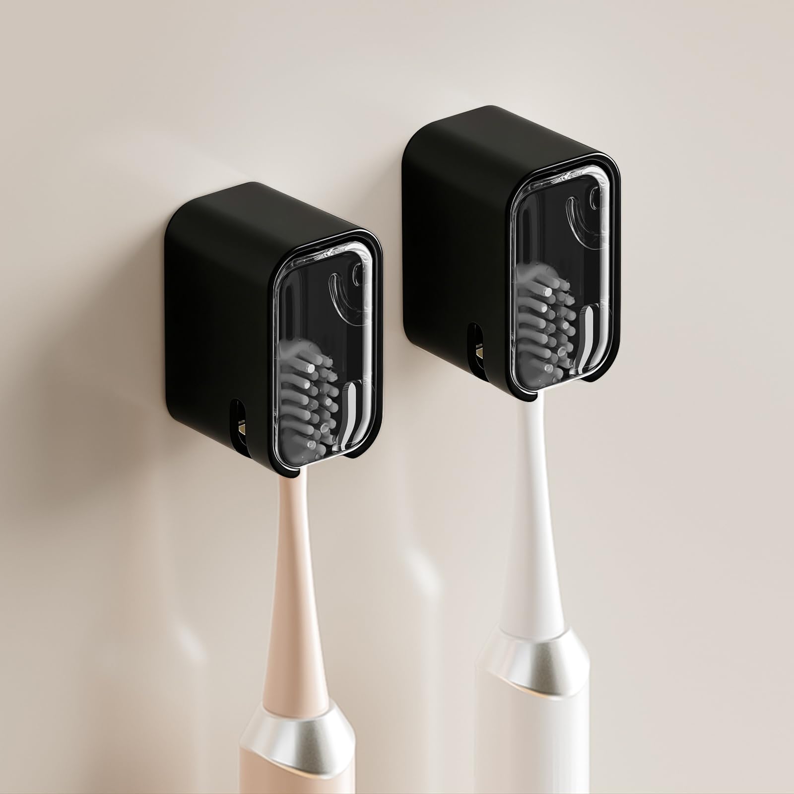 Wall Mounted Toothbrush Holders for Bathroom,Strong Self Adhesive Tooth Brush Holder with Cover, Toothbrush Heads Organizer for Family, 3 Pcs Black Toothbrush Holders