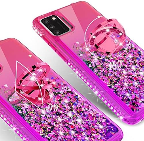 Liquid Glitter Cute Phone Case Kickstand Compatible for Alcatel TCL A3X A600DL Case Clear Bling Diamond Bumper Ring Stand Girls Women - Hot Pink/Purple