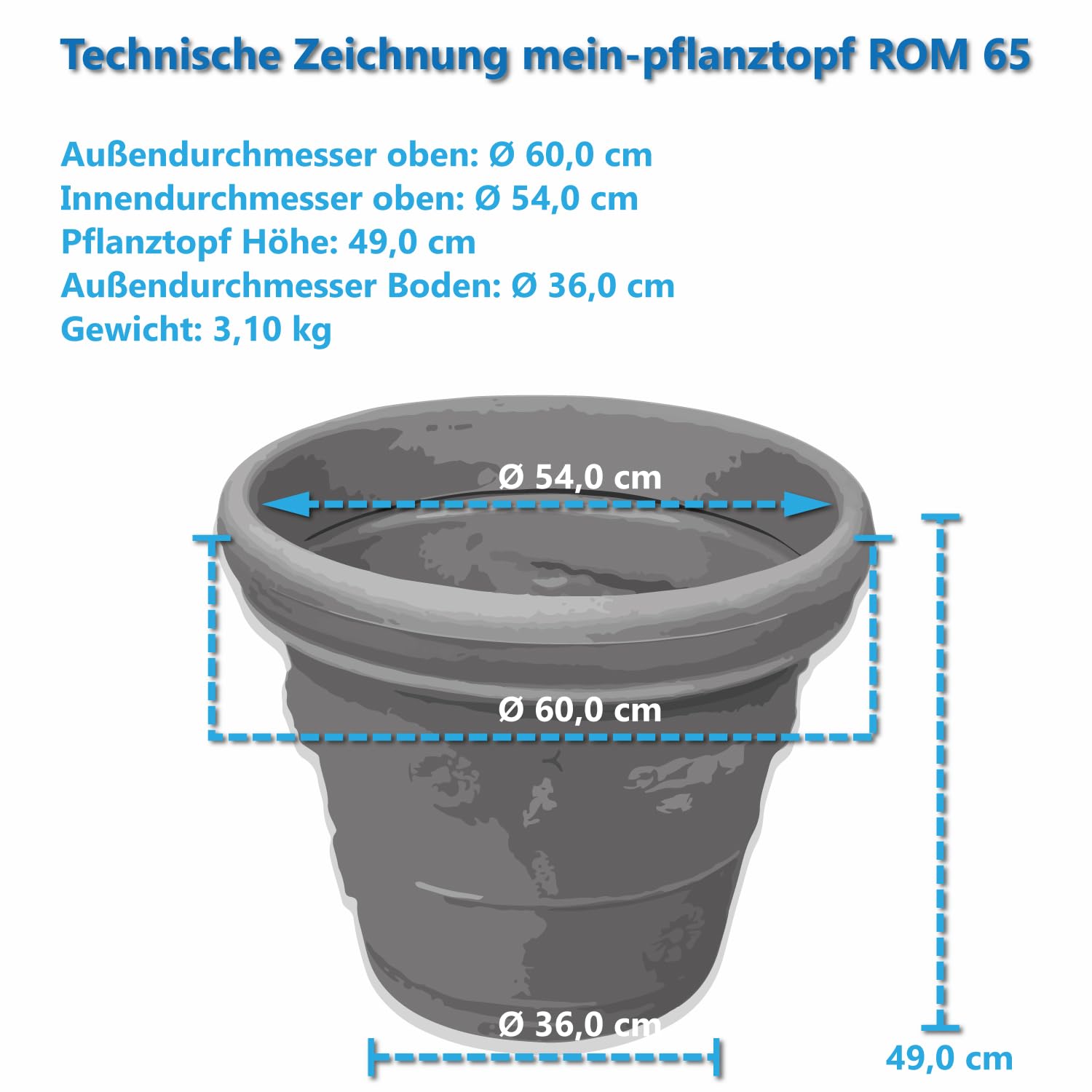 Design-Pflanztopf ROM in der Farbe Impruneta aus Kunststoff | Durchmesser von 40 bis 90 cm (Farbe: Impruneta, Größe F65) | Höhe: 49 cm