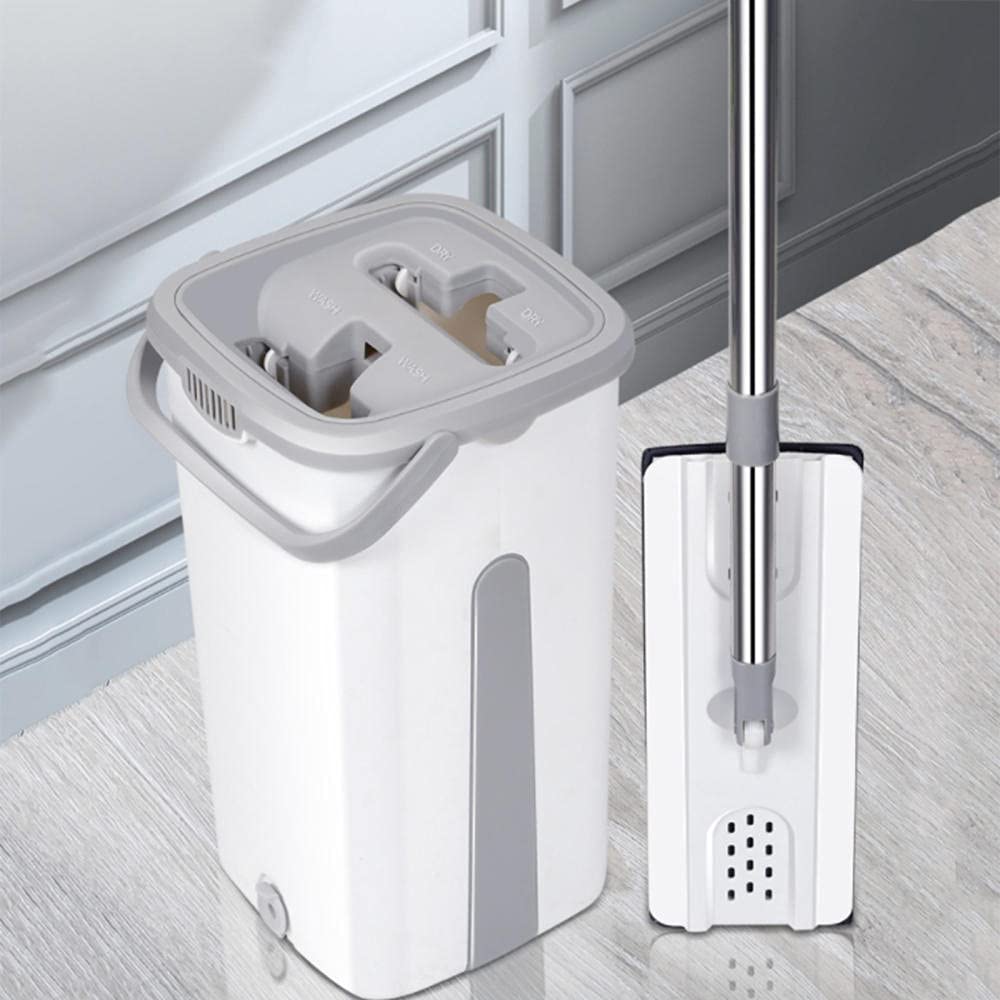 Set di Mocio Piatto e Secchio Mop per la Pulizia Mop Autolavante e Asciutto con 4 Cuscinetti per Mocio Riutilizzabili Microfibra in Microfibra per a 360 gradi Acciaio inox Mop Piatto