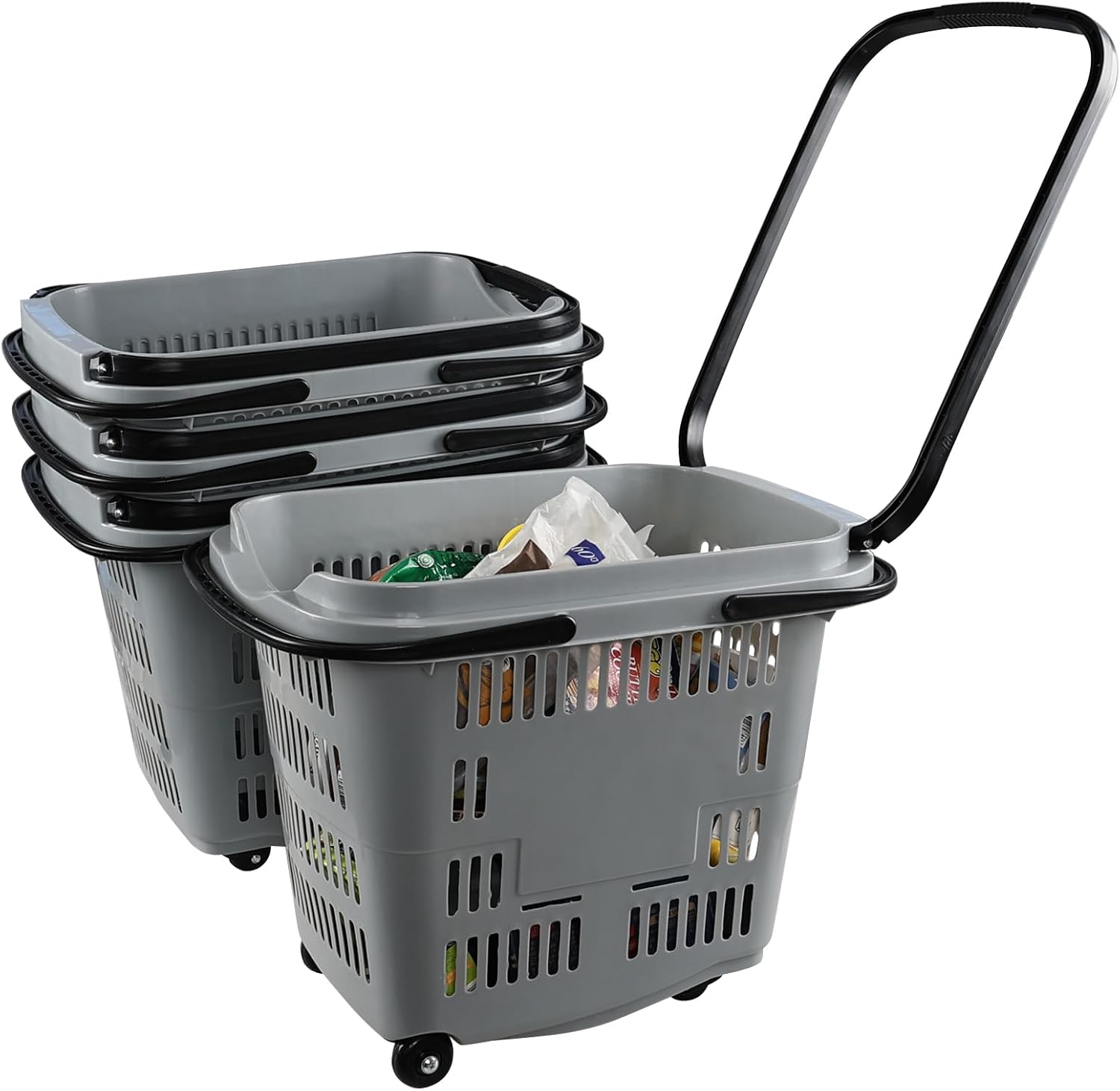 4 Pack 50 L Rolling Shopping Basket with Wheels, Plastic Shopping Baskets with Handles, Grey