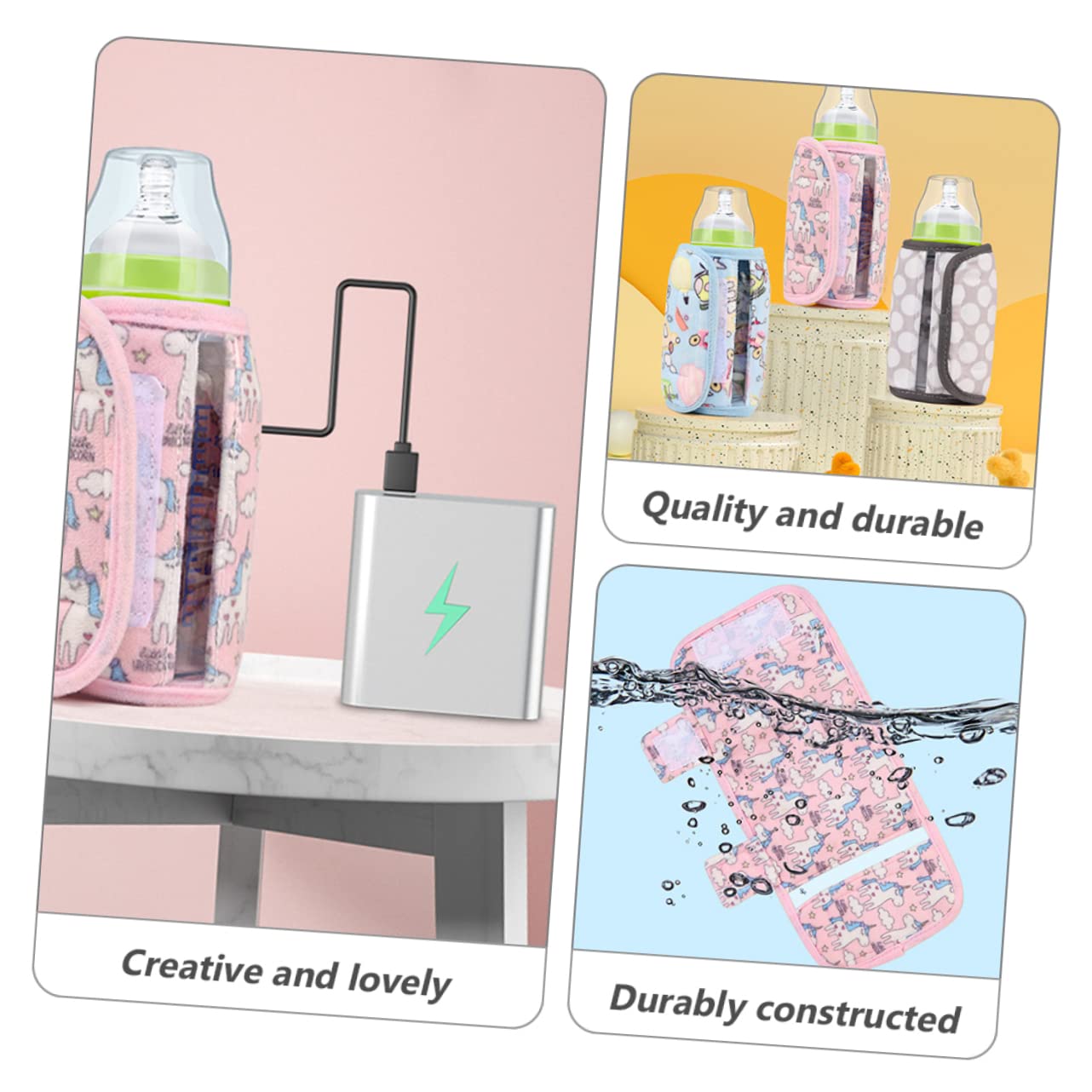 SUPVOX 3 Pezzi set di tazze termiche isolante custodia isolata per biberon termico Caldo manica latte borsa riscaldante con ricarica USB coperchio scaldabiberon di cristallo rosa