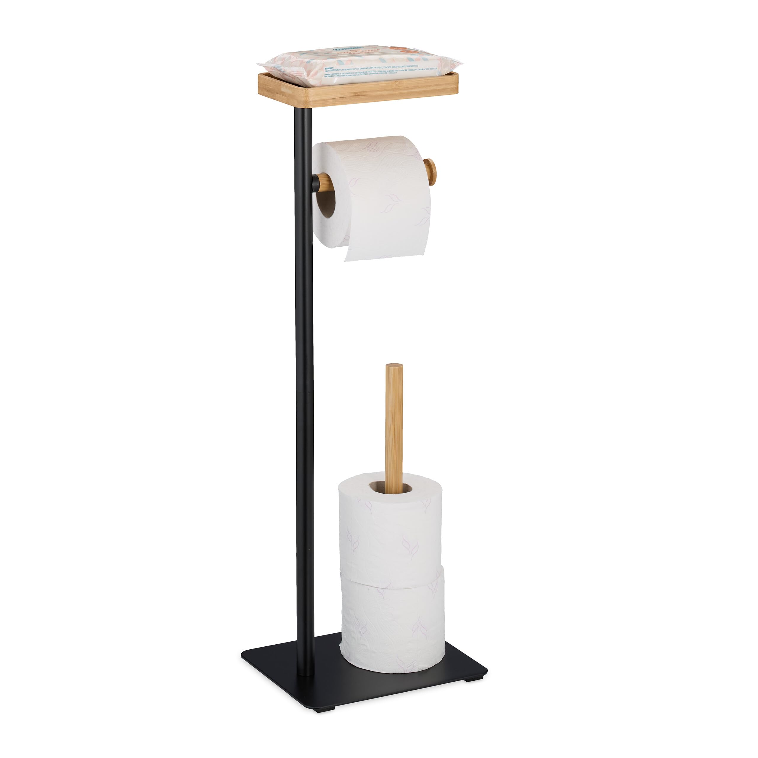 Relaxdays Porte-​Rouleaux avec étagère, Support Non Fixe, serviteur Fer & Bambou, Noir - Nature