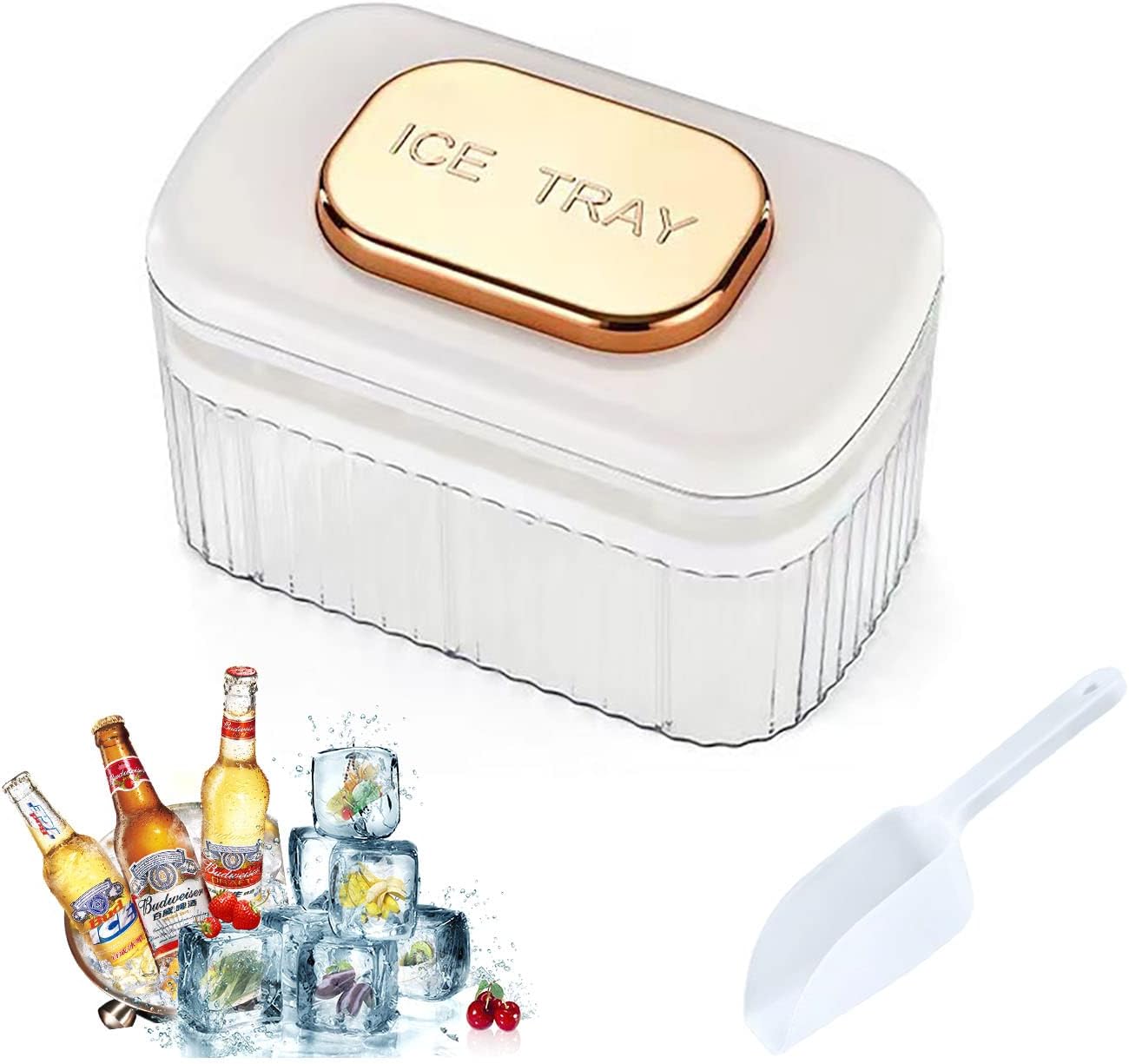 Ice Cube Tray with Lid and Bin, Ice Trays for Freezer, Press Ice Cubes Molds, Ice