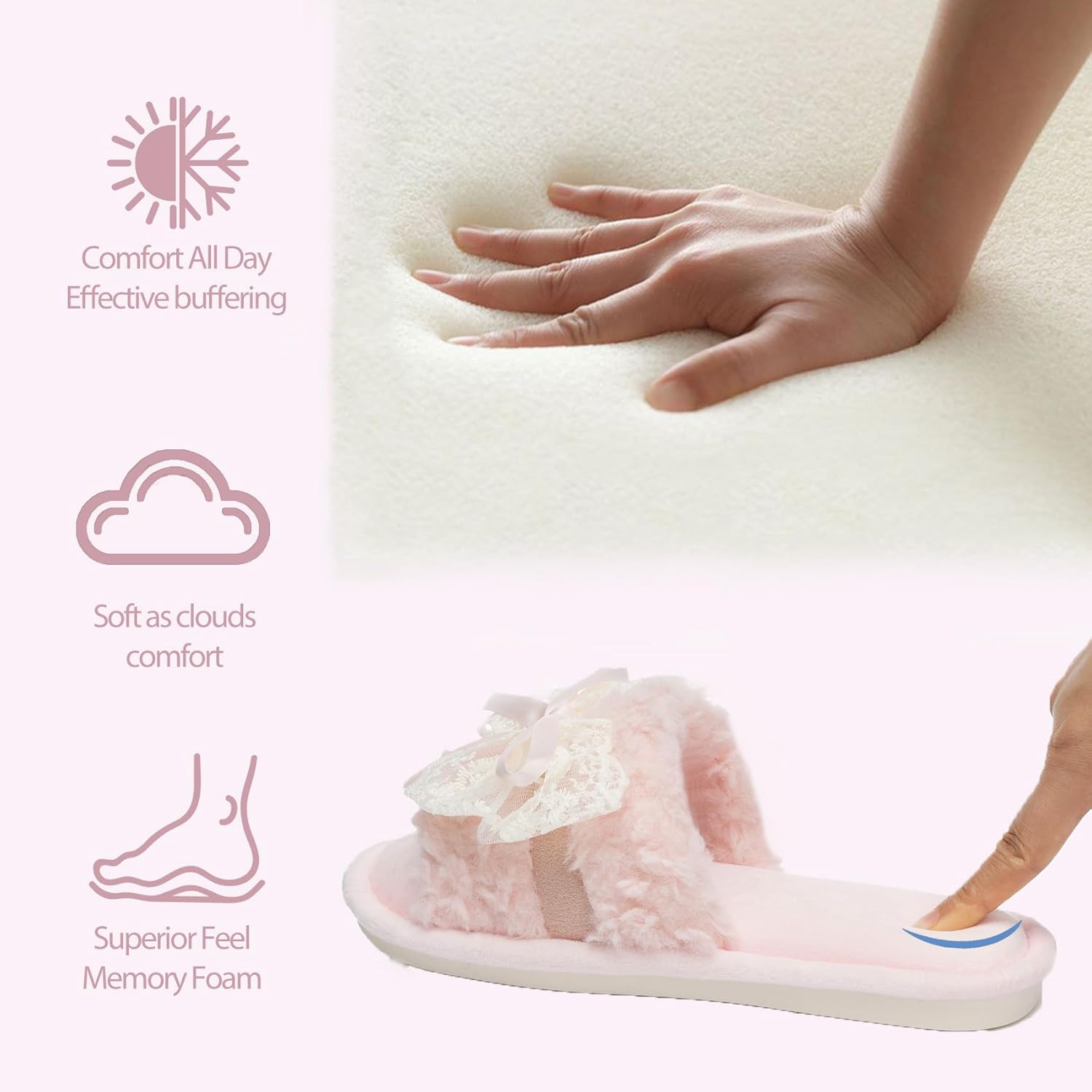Women's Open Toe Memory Foam Slippers - Cute Fuzzy House Shoes with Lace Bow, Soft Plush Slides for Indoor Comfort, Cozy Non-Slip Gift Gifts for Women Mom Ladies - Image 3