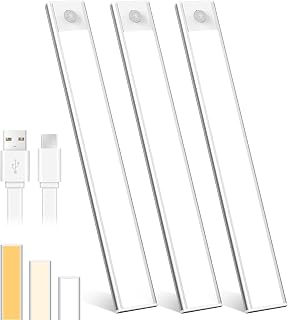 Under Cabinet Lighting, 3 Pack Motion Sensor Light Indoor with 3 Colors Dimmable Closet Light, Dimmable Wireless USB Rechargeable Stick On Lights for Kitchen Bedroom Stair(20cm/7.87in)