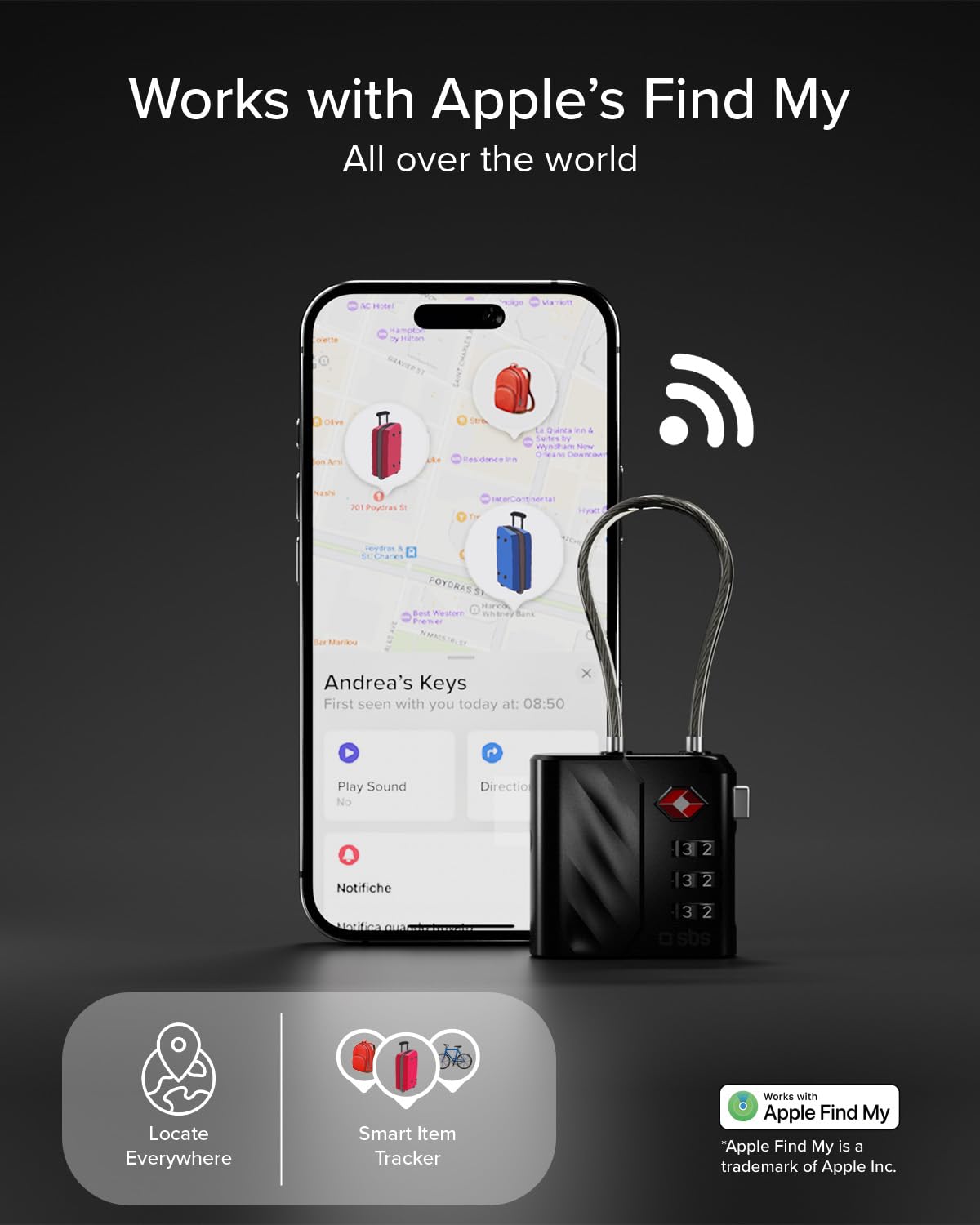 SBS Track My Lock, Zamek TSA z Wbudowanym Lokalizatorem Finder, Kompatybilny z Apple Find My (iOS), Zamek z Kodem 3-cyfrowym, Alarm 60 dB, Ładowanie USB-C, Idealny do Walizek i Toreb, Czarny