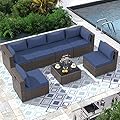 VONZOY Outdoor Patio Furniture Set 7 Pieces Sectional Rattan Sofa Set, PE Rattan Wicker Patio Conversation Set with 6 Seat Cushions and 1 Tempered Glass Table and Furniture Cover, Navy Blue