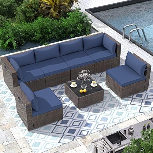 VONZOY Outdoor Patio Furniture Set 7 Pieces Sectional Rattan Sofa Set, PE Rattan Wicker Patio Conversation Set with 6 Seat Cushions and 1 Tempered Glass Table and Furniture Cover, Navy Blue