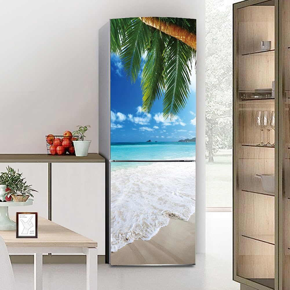 Targawerelax Blue Fridge Wraps Kitchen Fridge Stickers Cover Full Doors, Fridge Sticker Full Covering Door Fridge Covers Skins Wall Stickers For Kitchen Decal, Beach Sky Sea View Palm Tree