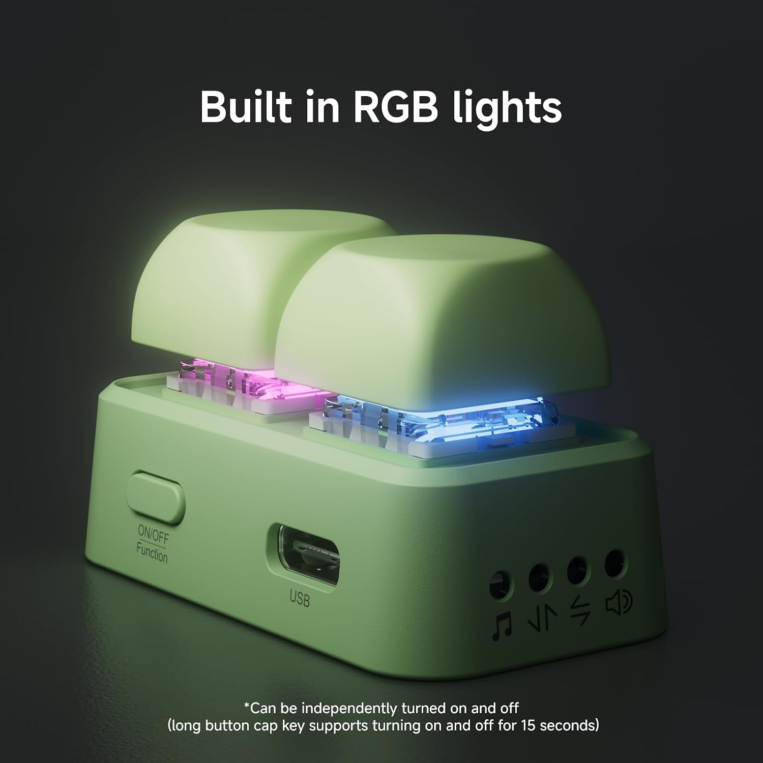 Close-up of the Free2 device showing built-in RGB lights under the keycaps