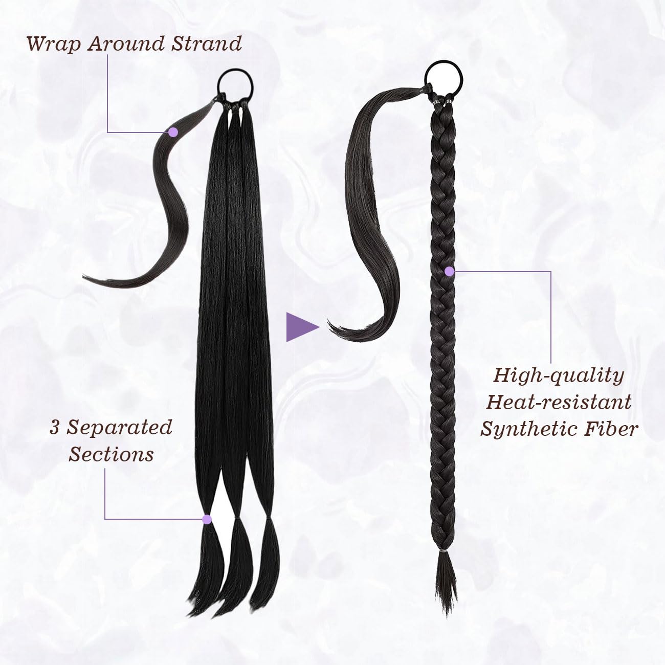 2 PCS 76 cm Estensioni intrecciate Coda di cavallo con elastico Cravatta, treccia lunga Accessori Parrucca Posticci Capelli lisci naturali Ponytail finta sintetiche Donne Quotidian, Nero
