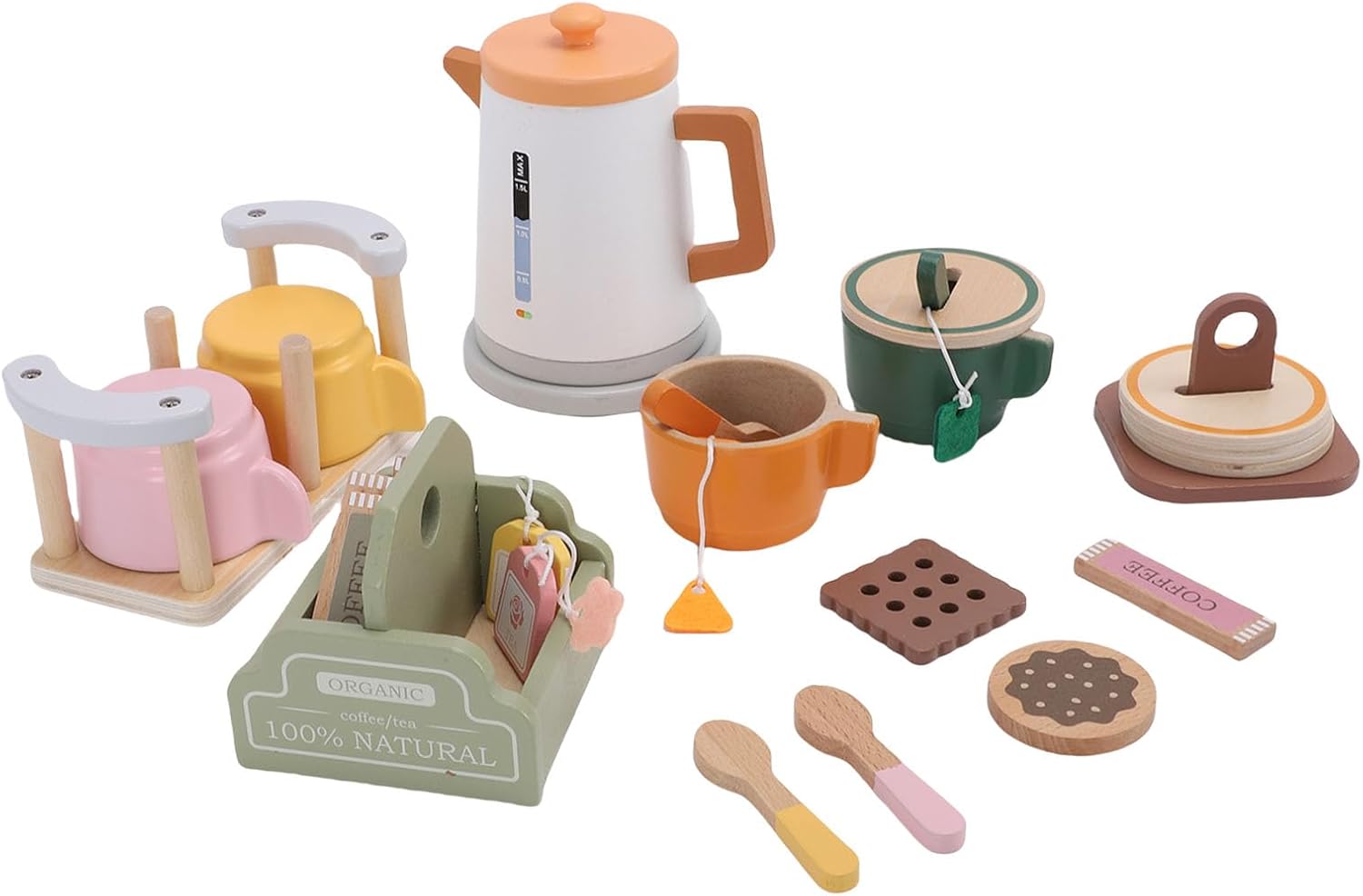 Dioche Wooden Teapot Tea Wooden Tea Party Set for Little Girls – Educational Toddler Set with Cups, Spoon, Kettle, Rack & Coffee Pieces – Inspires Imaginative Play & Social Skills