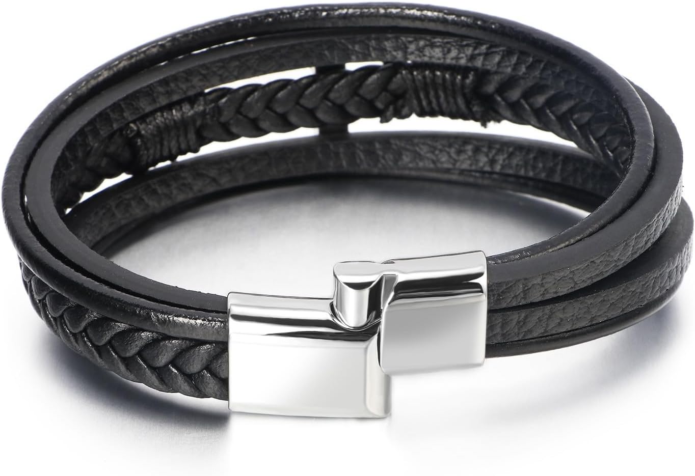 Q&D&S Multi-Layer Braided Leather Cross Bracelet, Black Genuine Leather Cuff Bracelet, Religious Style Men's Wristband - Image 4