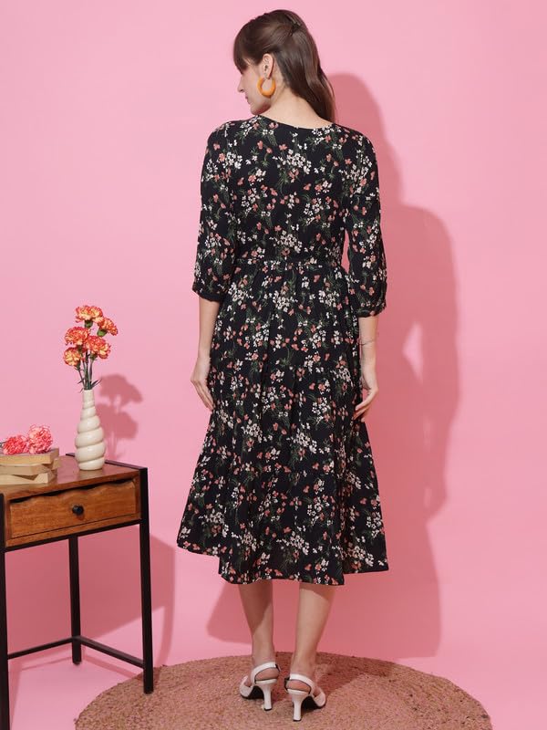 Image of Sheetal Associates Women's Casual 3 /4 Sleeve Crepe Fit and Flare Dress| Comfortable Relaxed Fit Summer Party Dress