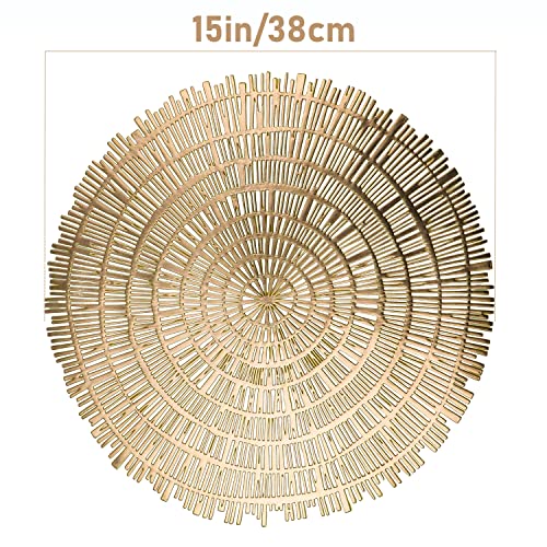 Gold Round Placemats Set Of 6 Metallic Pressed Vinyl Dining Table Mats Farmhouse Kitchen Hollow Out Wood Pattern 15Inch Table Setting Fall Spring Decoration Gold Centerpiece Snowkingdom #TOP2