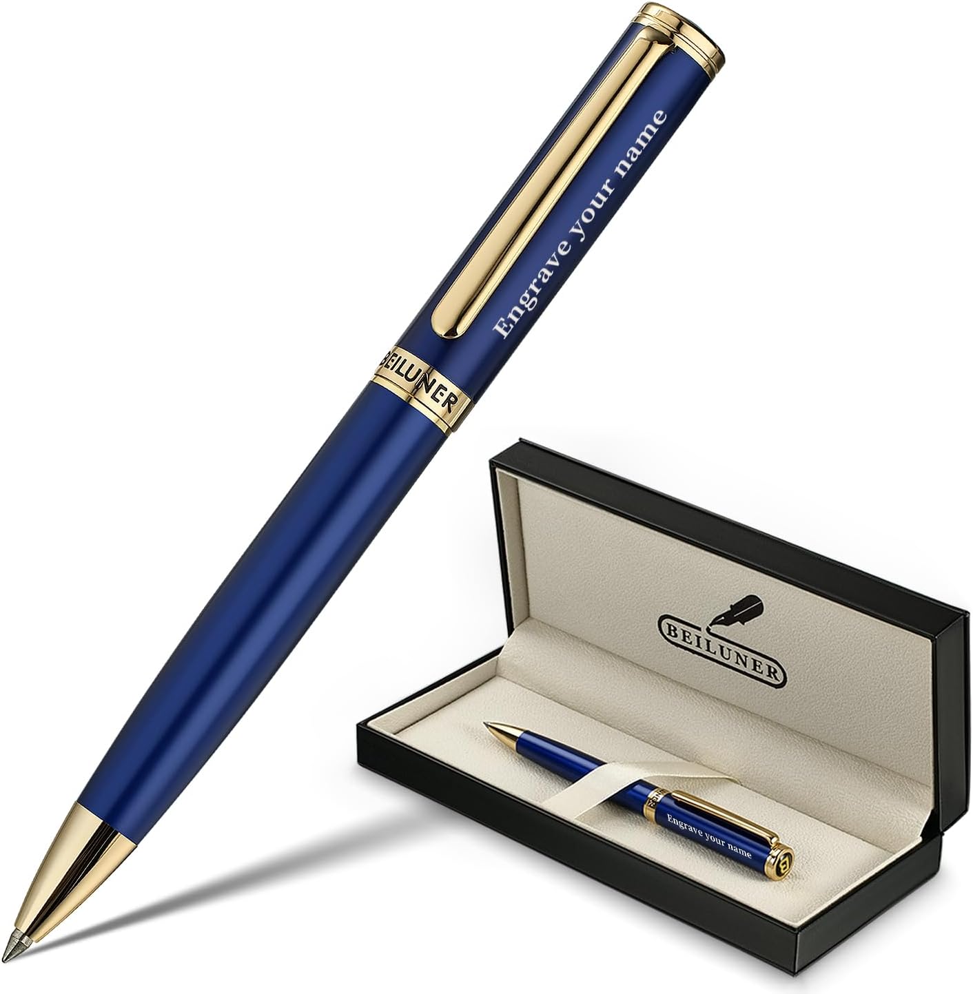 BEILUNER Luxury Personalized Gel Pen with 24K Gold Finish, Blue Piano Lacquer, Luxury Grade Craftsmanship, Best Pen Gift Set for Men and Women, Professional, Executive, Office, Retractable Nice Pens