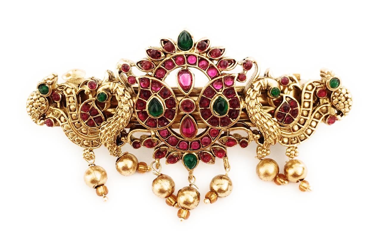 small size hair clips for women and girls latest antique gold color finish traditional center clips with colorful stones (pack of 1) back clips hair pins