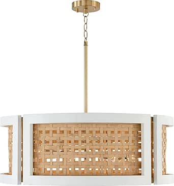 Capital Lighting 444361WM Lola Coastal Luxe Rattan Skin &amp; Wood Drum Chandelier, 6-Light 360 Total Watts, 11" H x 30" W, Flat White &amp; Matte Brass