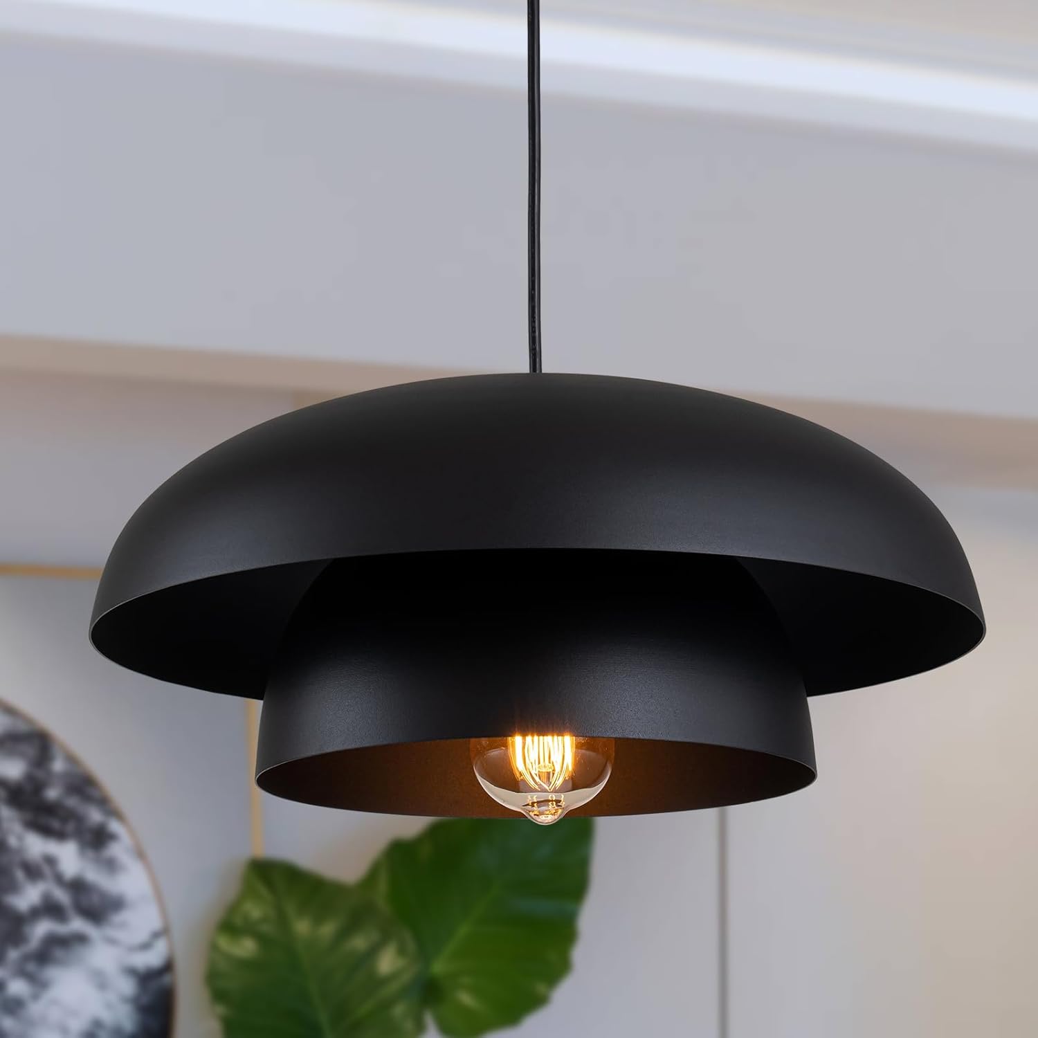 Lingkai 15.7" Black Modern Pendant Light Fixtures, Kitchen Lighting Fixtures Ceiling Hanging Light Fixtures, Farmhouse Large Pendant Light for Kitchen Island Lighting Hanging Lamp