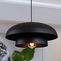 Lingkai 15.7" Matte Black Modern Farmhouse Pendant Light for Kitchen Island, Dining Room - Adjustable Hanging Ceiling Fixture