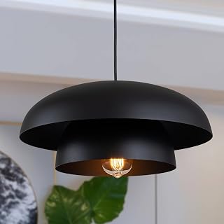 Lingkai 15.7" Matte Black Modern Farmhouse Pendant Light for Kitchen Island, Dining Room - Adjustable Hanging Ceiling Fixture