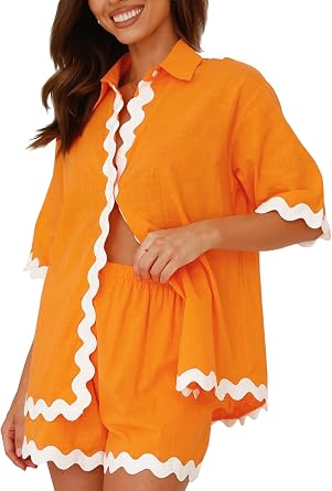 Womens Summer 2 Piece Matching Set Vacation Outfits Cruise Beach Summer Short Sleeve Oversized Shirts And Shorts Sets