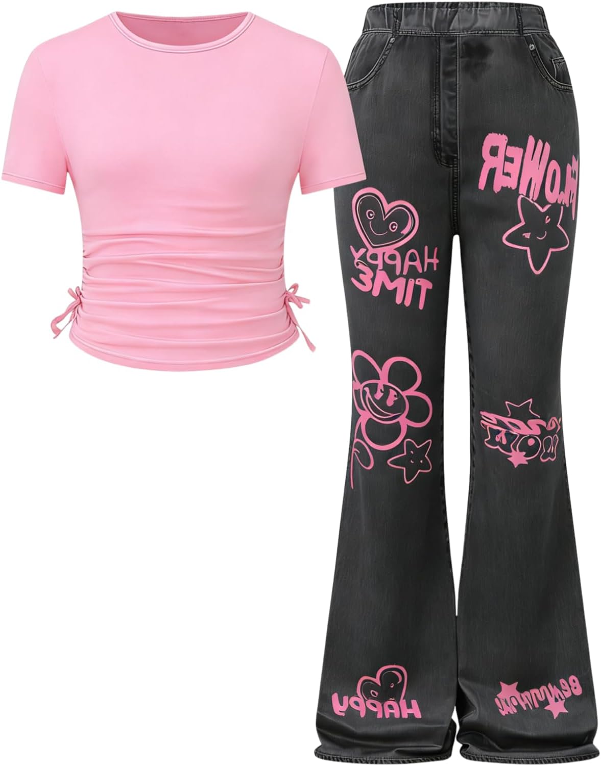 Verdusa Girl's Cute 2 Piece Outfits Ruched T Shirt Tie Dye Flare Wide Leg Pants Legging Sets