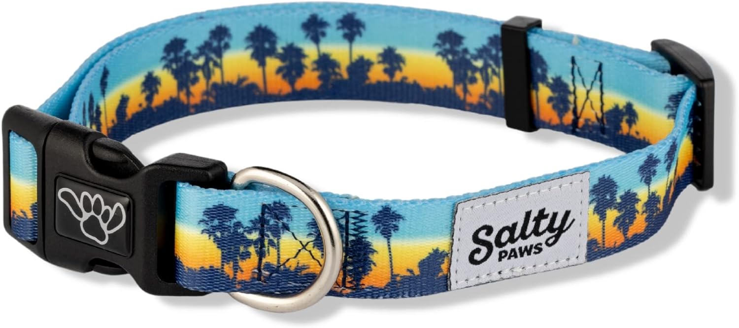 Shaka's Salty Paws Tropical Black Dog Collar for Beach, Boating, Fishing (Medium Collar Adj. 14-20" for Dogs 25-50 lbs, Black Floral Hawaiian Print)