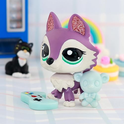 Vista 4 de RIYES LPS Husky con purpurina morada 2297 ojos verde azulado y morado Moscow Husky 2110 cachorro perro con accesorios LPS para viejos lps colección