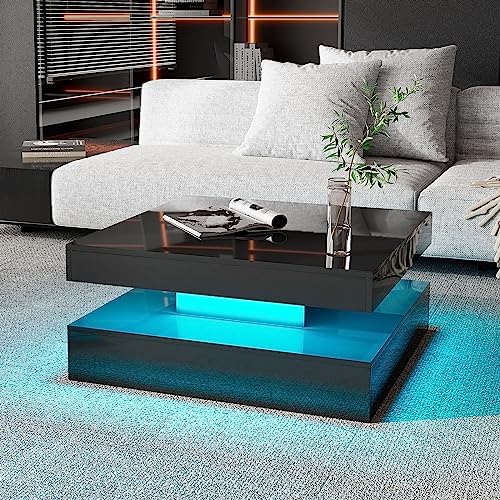Black LED Coffee Table for Living Room, Wood Square 2-Tier Storage Modern Center Table, Glossy Contemporary Coffee Table with 16-Color LED Light, Cocktail Tea Table for Home Office Reception (Black)
