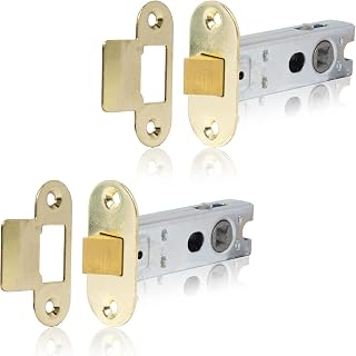 XFORT Polished Brass Radius Tubular Latch, Two 75mm Polished Brass Radius Tubular Latches for Internal Wooden Doors.