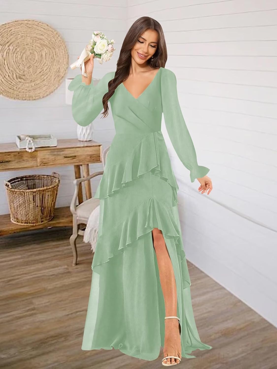 Long Sleeve Bridesmaid Dresses for Women Tiered Ruffle V Neck Chiffon Fall Formal Dress with Slit