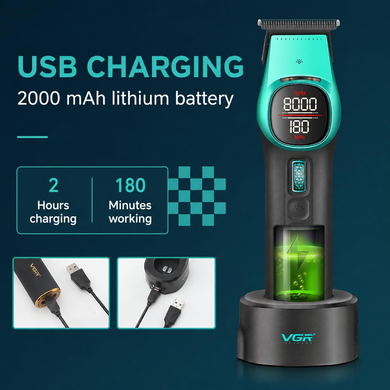 VGR 885T - Rasoio per capelli da uomo, T-Blade, display a LED, 180-220 min | Spot luce LED, 6000-8000 giri/min, velocità 21 livelli, batteria 2000mAh, manico in silicone design antiscivolo