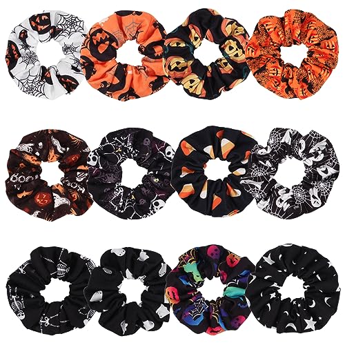 Halloween Hair Scrunchies BOO Spooky Pumpkin Fall Scrunchies Skull Ghosts Bat Star Moon Candy Spider Web Skeleton Hair Ties for Women Girls Elastics Scrunchy Halloween Gifts Accessories 12 PCS