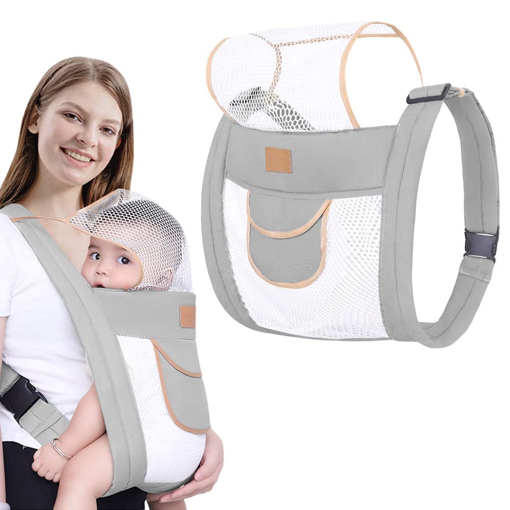 Azonee Lightweight Breathable Baby Carrier, Double Layer Mesh Baby Sling, Ergonomic Universal for All Seasons Baby Wrap Carrier for Newborn, Infant, Toddler, 0-36 Months (Gray)