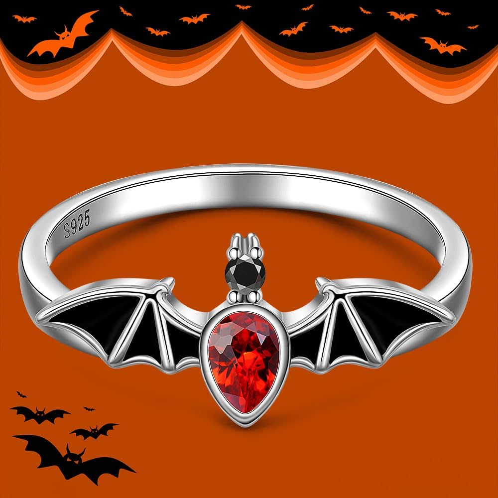 Halloween Rings Black Bat Ring for Women Sterling Silver 925 Gothic Vampire Witch Halloween Jewelry Band Holiday Christmas Gifts