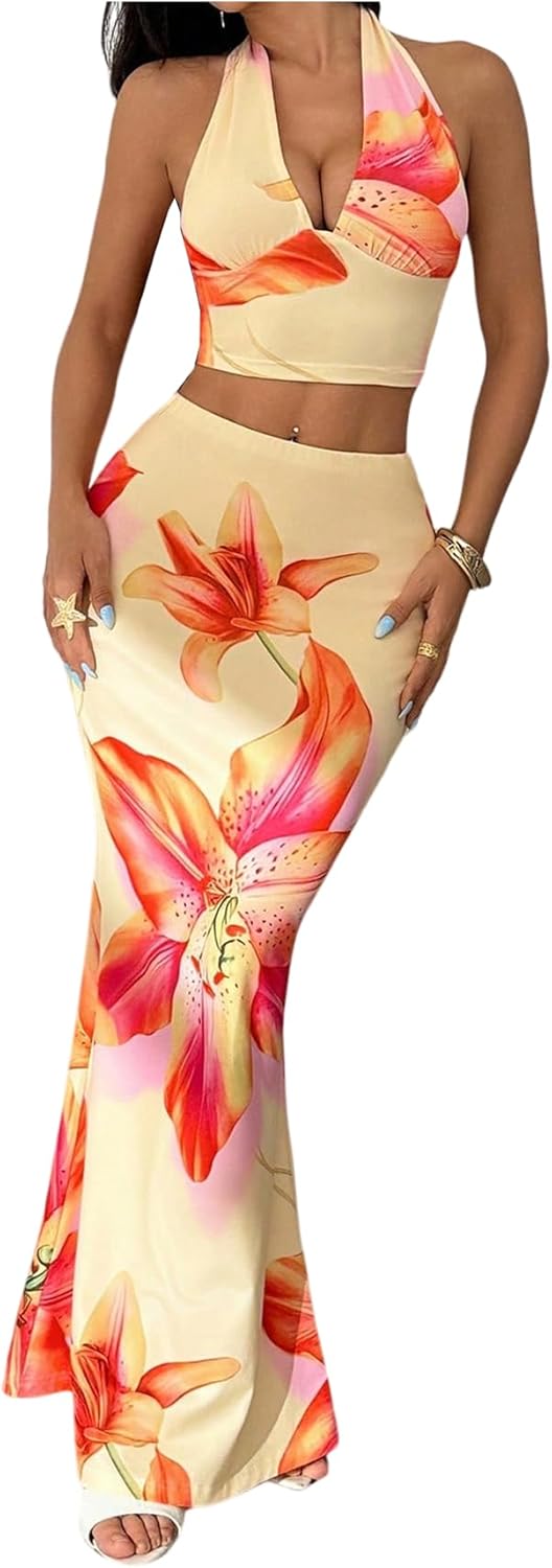 MakeMeChic Women's Summer 2 Piece Sets Floral Open Back Halter Crop Tank Top Flare Maxi Skirt Set
