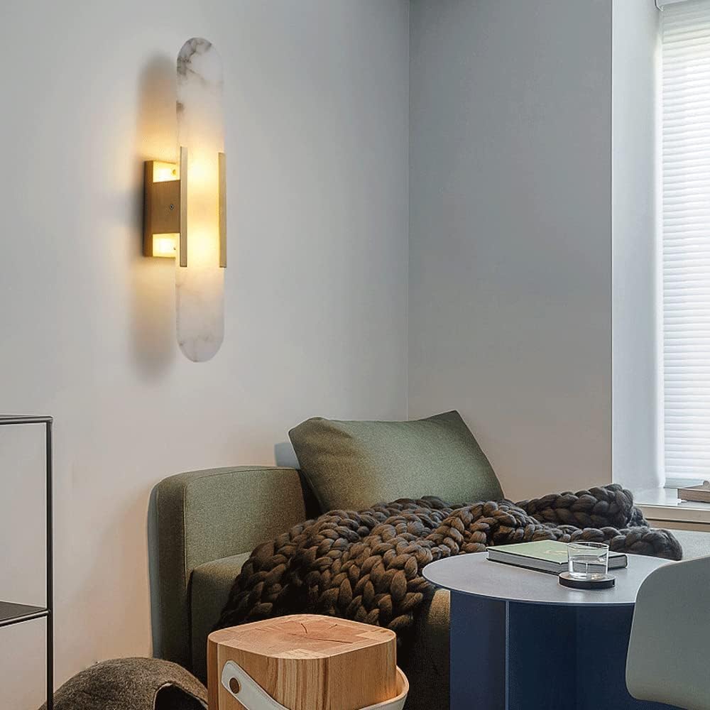 2-Light Modern Home Decoration Marble Up Down Wall Light Indoor Natural Stone White Alabaster Glass Long Linear Wall Lamp Nordic Gold Wall Sconces for Bedroom Hallway Living Room Bathroom