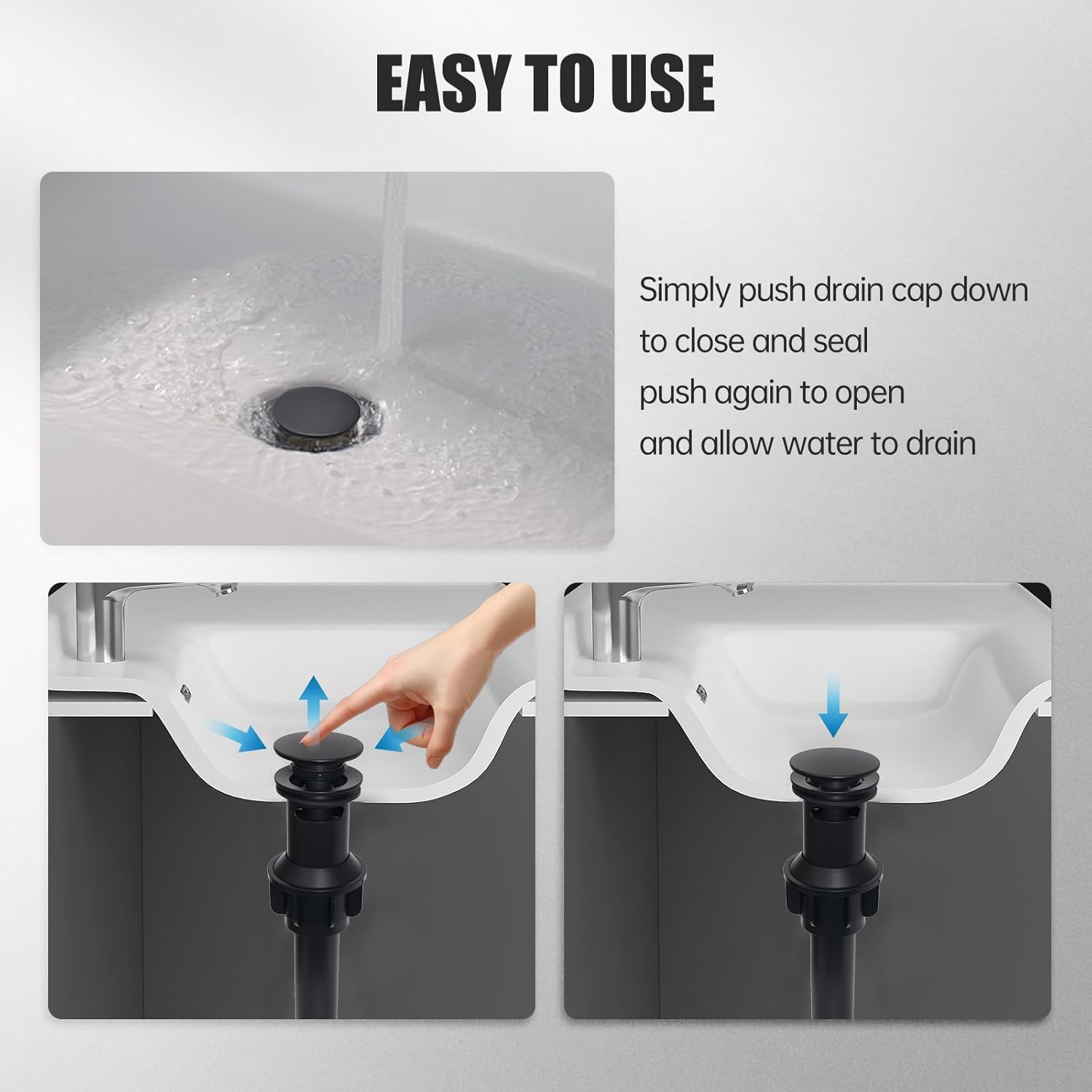 Pop-Up Drain Plug for Bathroom Sink (Without Overflow Device), Vanity Basin Drain Plug, Anti-Clog Drain Strainer, Matte Black