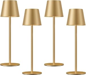Kakanuo Cordless Table Lamp Rechargeable Gold - 4 Pack Battery Operated Lamp for Dining Table, 3 Color Stepless Dimming Wireless Lamp for Counter, Outdoor Patio, Touch Control