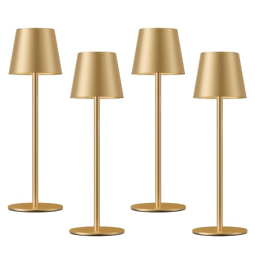 Kakanuo Cordless Table Lamp Rechargeable Gold - 4 Pack Battery Operated Lamp for Dining Table, 3 Color Stepless Dimming Wireless Lamp for Counter, Outdoor Patio, Touch Control