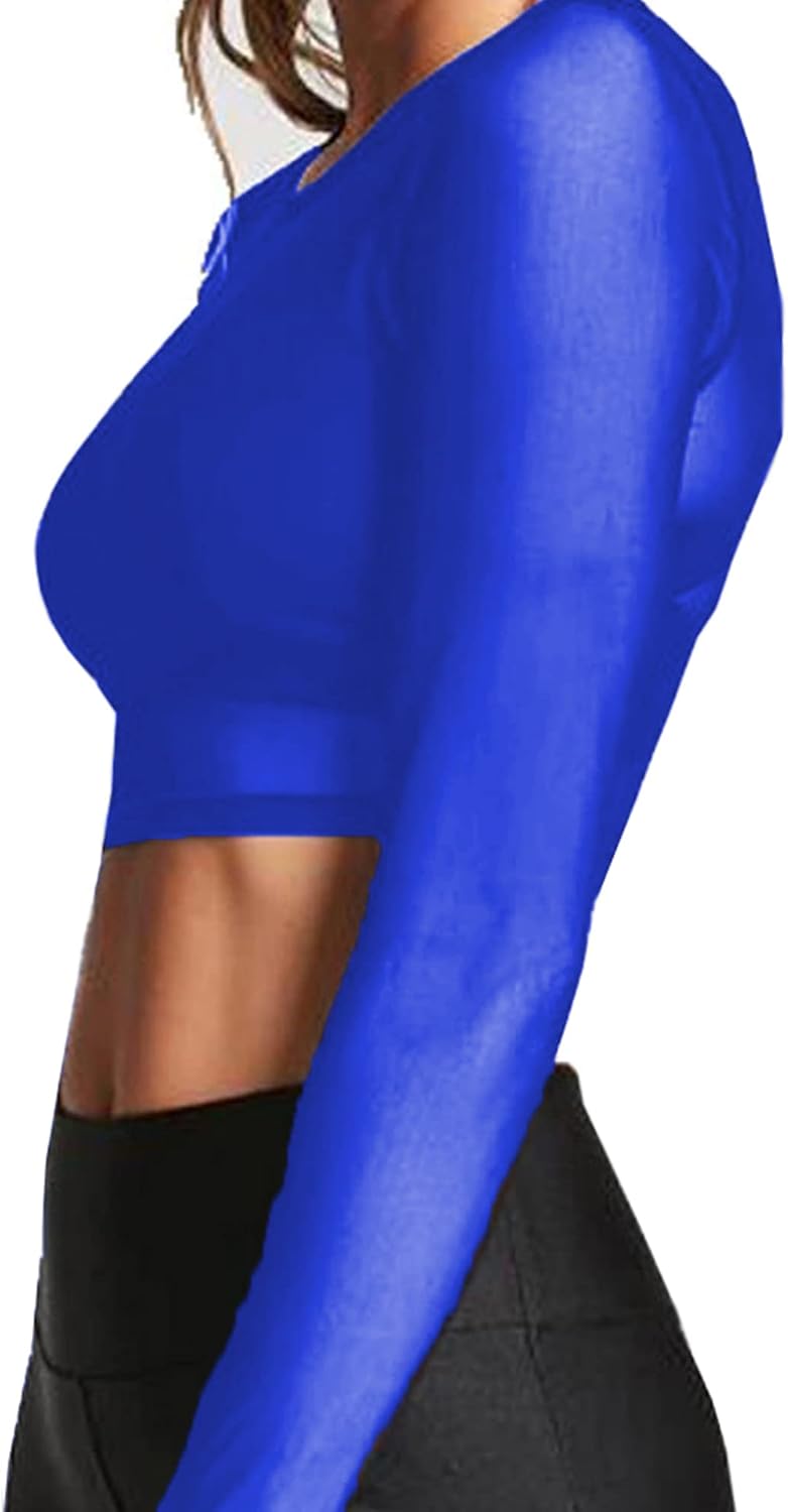 BelleLovin Women's Sheer Mesh Long Sleeve Crop Top Sexy Tee Blouse - Image 2