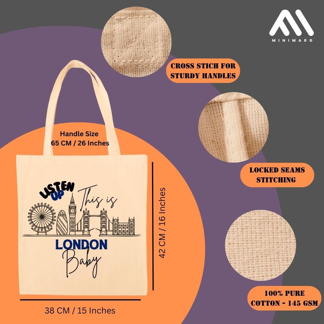 MINIMARG Printed 100% Cotton Tote Bag Souvenir for Presents, Natural, L - Image 2