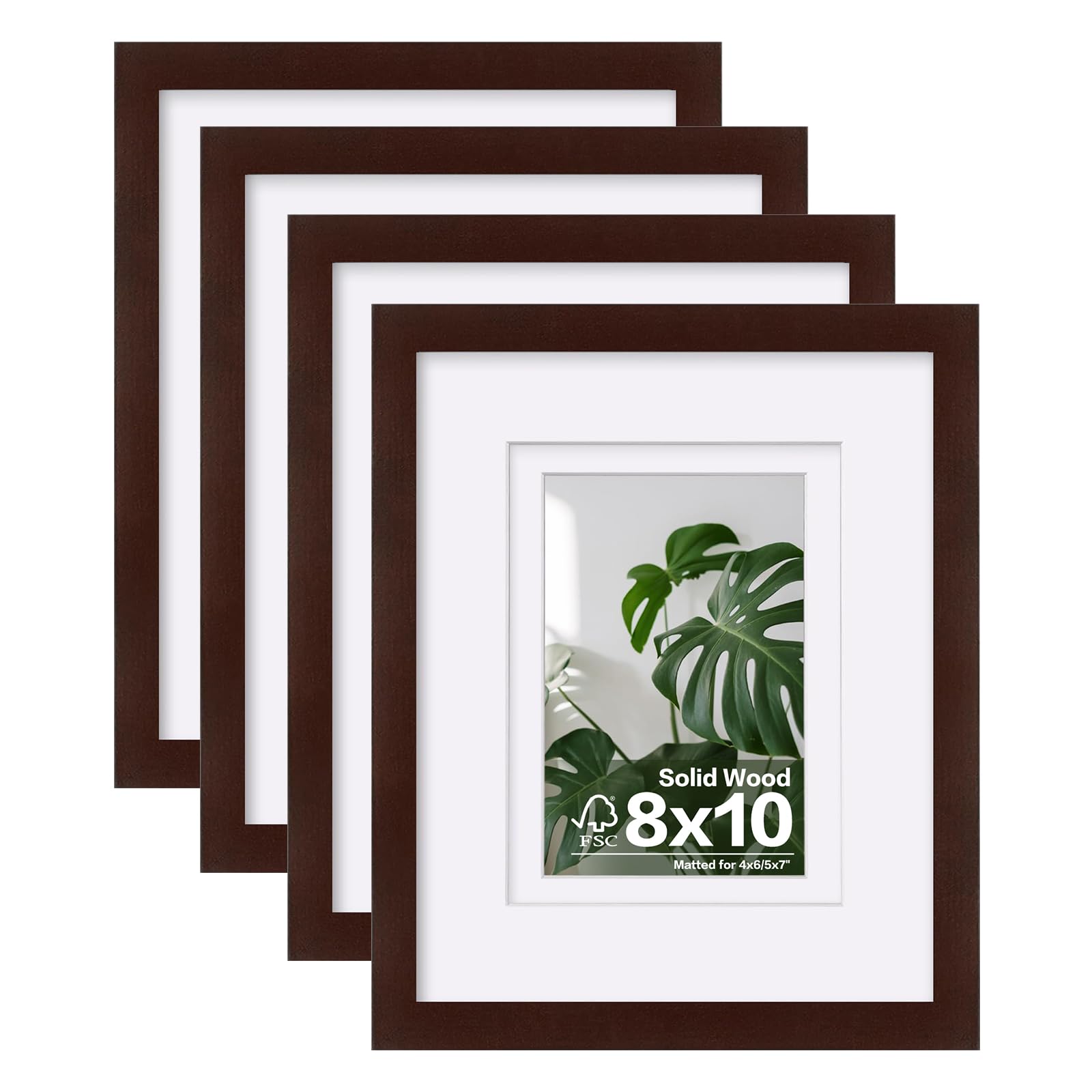 Egofine 8x10 Picture Frames Made of Solid Wood with Plexiglass, Display Pictures 4x6/5x7 with Mat or 8x10 Without Mat Set of 4 for Tabletop and Wall Mounting, Walnut Color