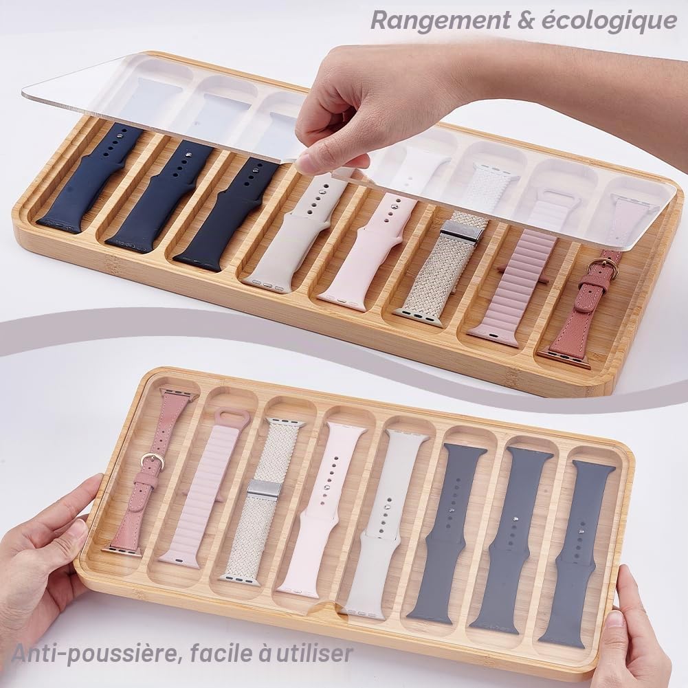PH PandaHall Organisateur de Bracelet de Montre en Bois 8 fentes Boîtier de Rangement de Montre Plateau de Rangement de Bracelets de Montres avec Couvercle pour 4cm Montres Hommes Cadeau 19x37.5x1.7cm