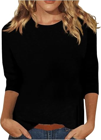slqdgmryz 3/4 Sleeve Shirts for Women Loose Fit Crewneck Dressy Casual Tops Lightweight Solid Color Comfy Cute T Shirts