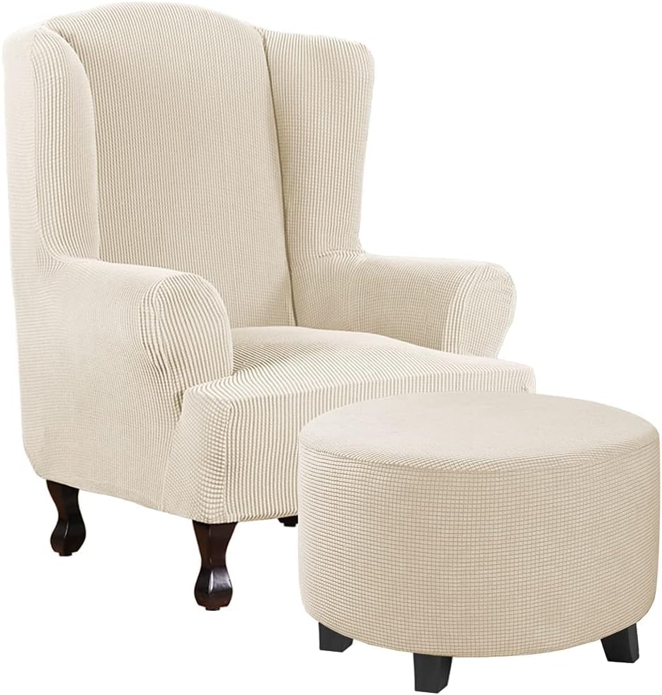 H.VERSAILTEX 1 Piece Wing Chair Covers Bundles Round Ottoman Slipcover(Medium, Natural)