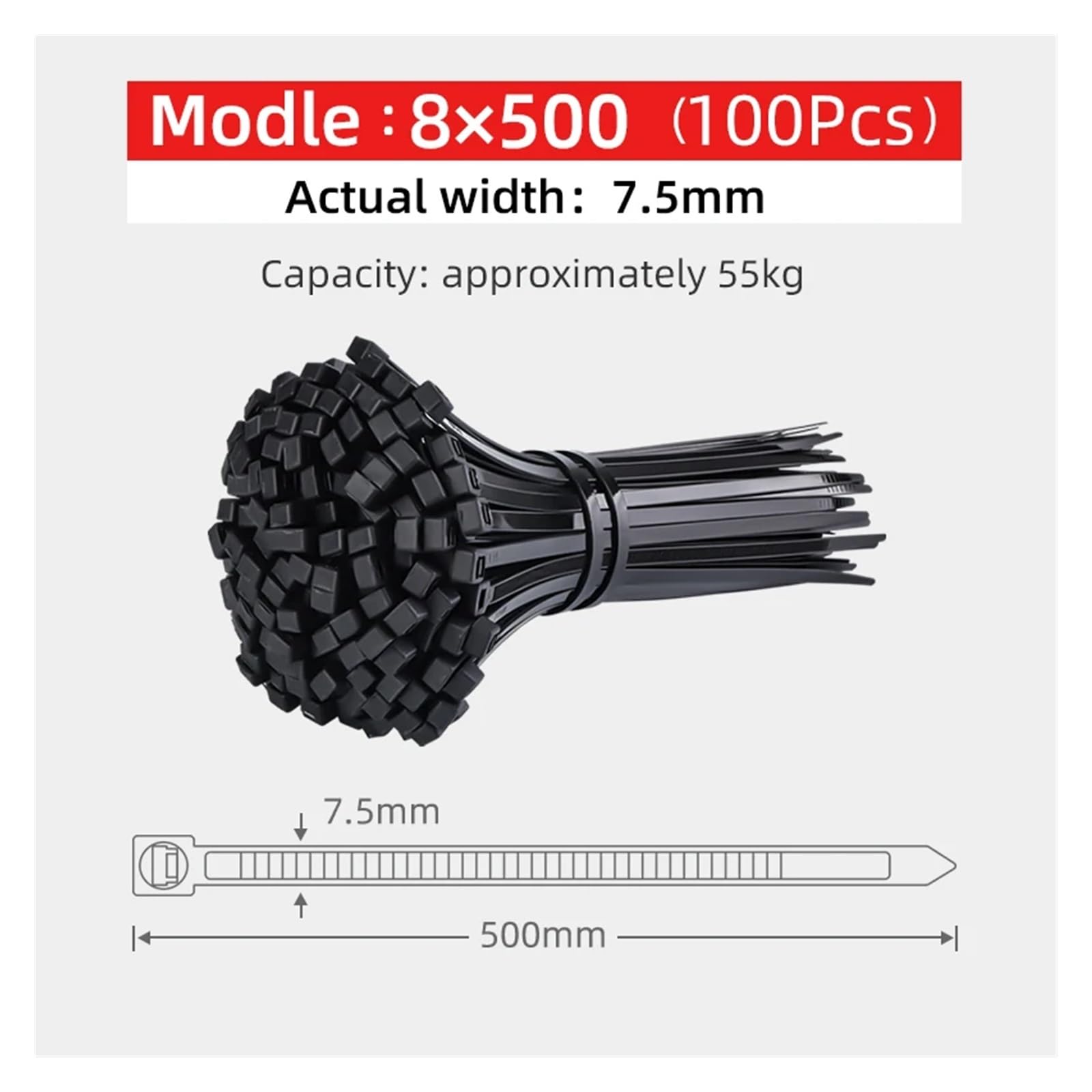 Fascette per Cavi Fascette in Nylon for Cavi, Fili in plastica, Cinghia Fissa, Bianco/Nero, autobloccanti, Resistenti alla trazione(8x500 Black)