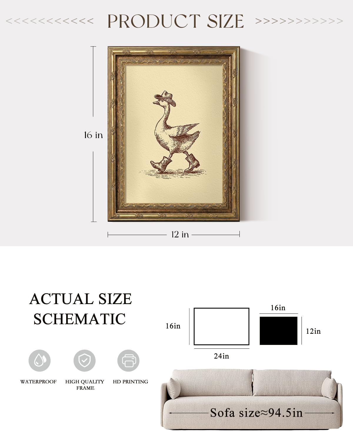ARPEOTCY Gold Framed Glass Wall Art, 12x16inch, Trendy Cowboy Duck Modern Maximalist Artwork Funny Animal Canvas Paintings, Western Home Decor, Retro Farmhouse Rustic Decor for Bedroom Living Room Kitchen